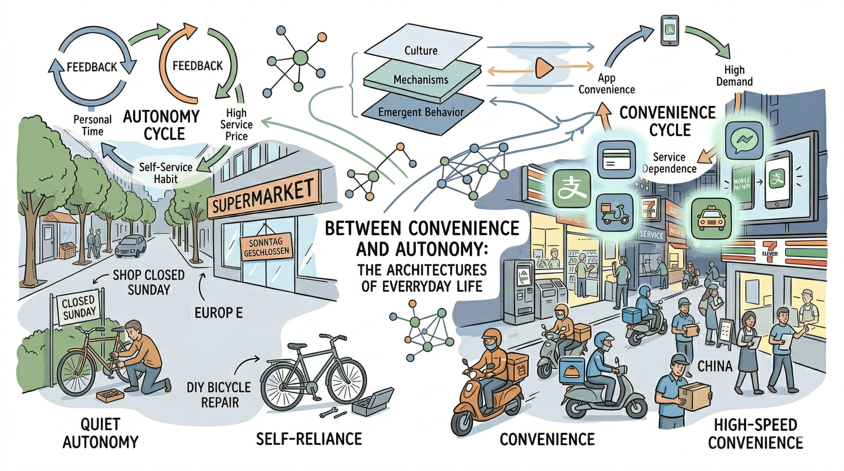 Opening overview: European and Chinese everyday scenes with systems-thinking overlays—feedback loops, networks, and layered architecture suggesting hidden social mechanisms beneath surface behavior.