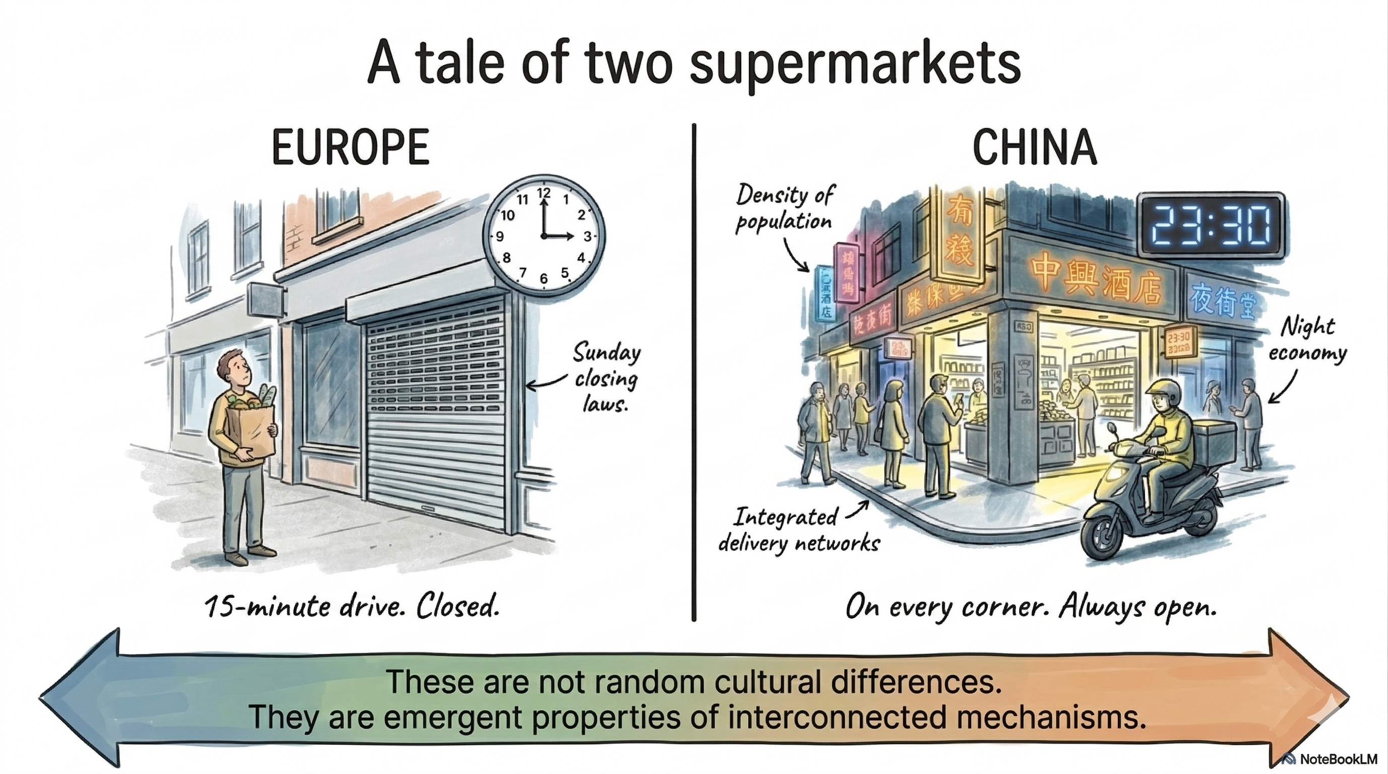 Europe: Sunday closing and distance versus China: night economy, density, and integrated delivery—everyday retail as emergent property, not random cultural difference.