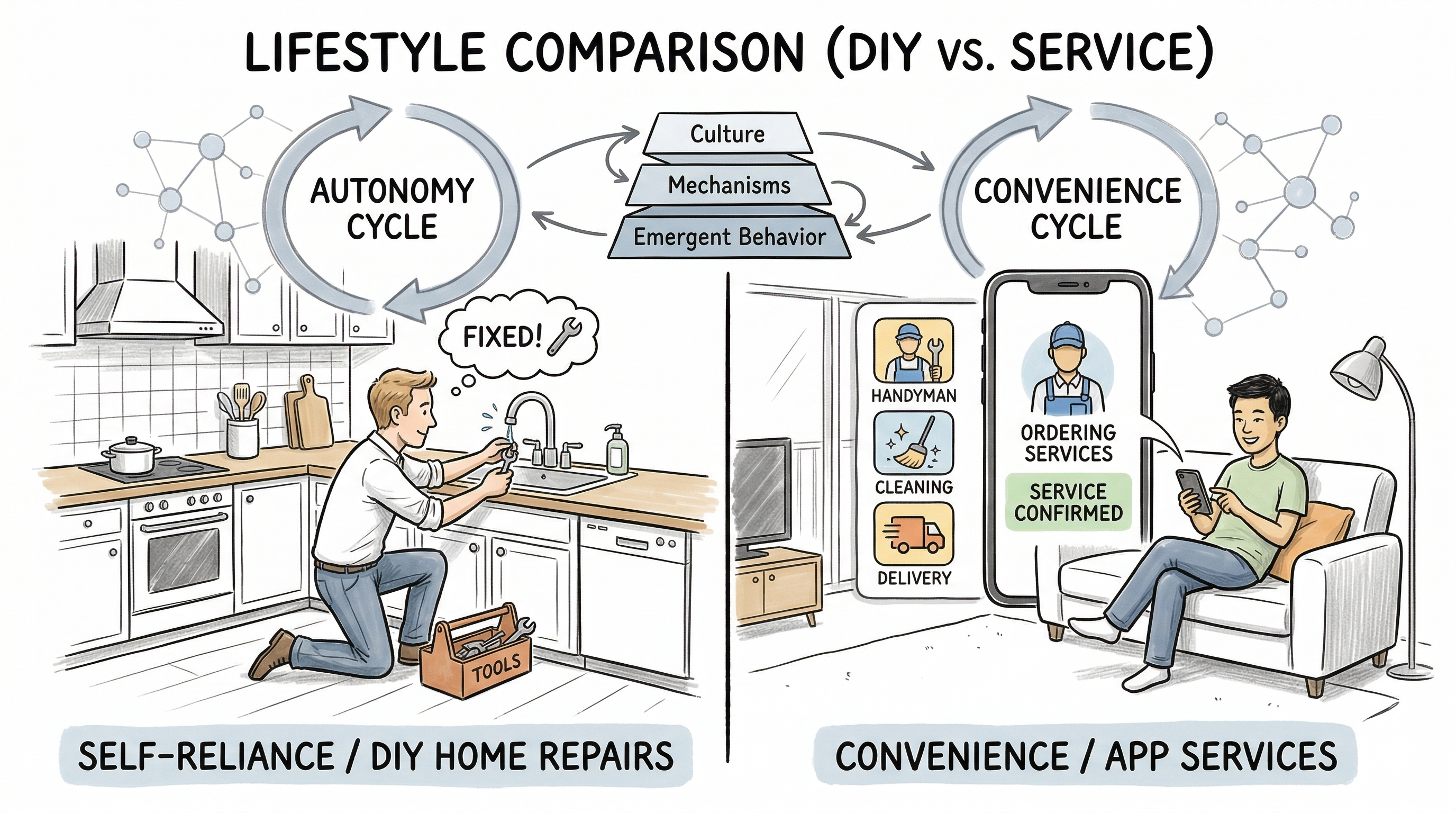 Split scene: DIY home repair in a European-style setting versus ordering services through a smartphone app in a Chinese-style setting.