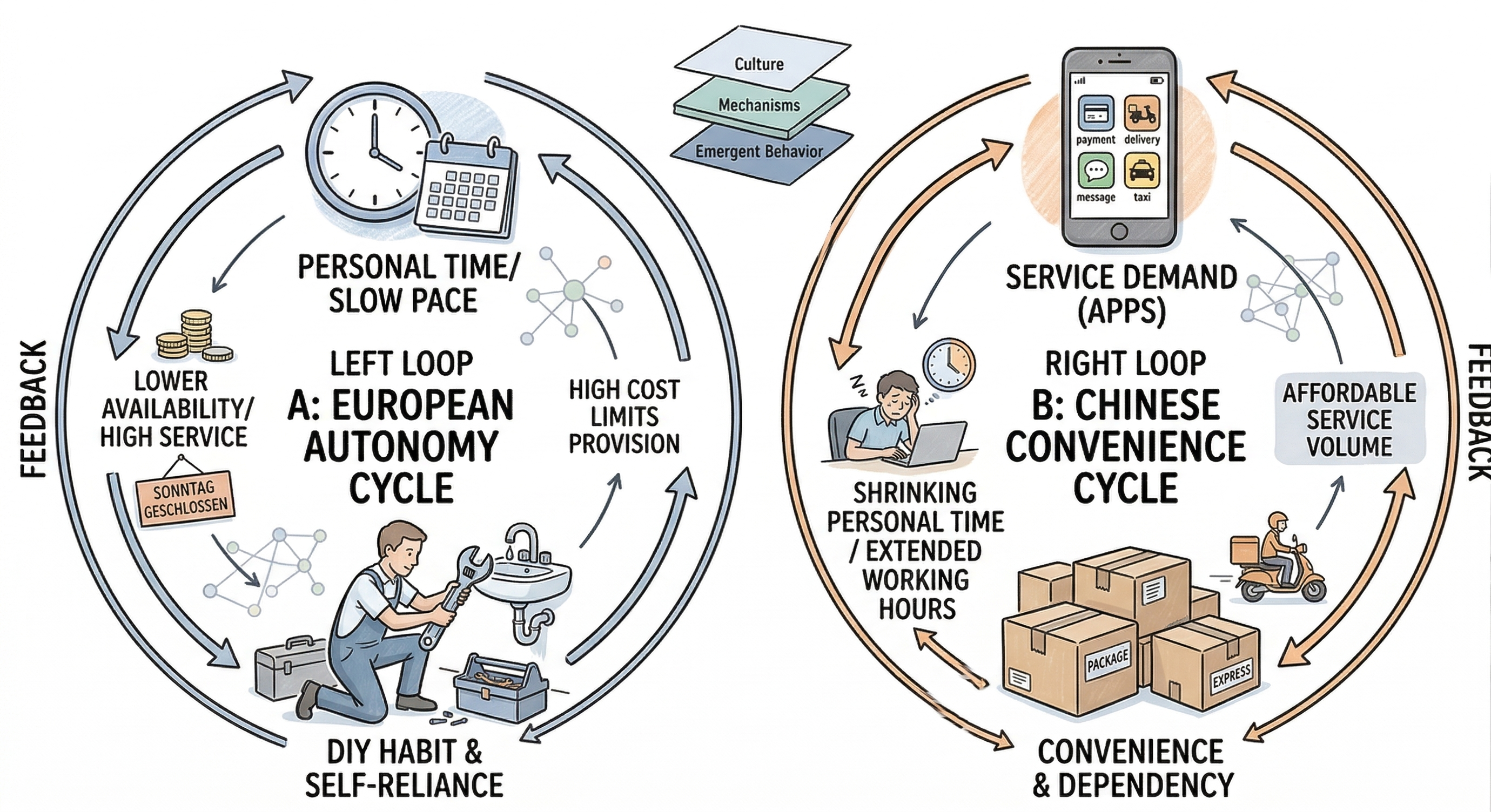 Two feedback loops: the European autonomy cycle and the Chinese convenience cycle, with arrows linking key factors in each.