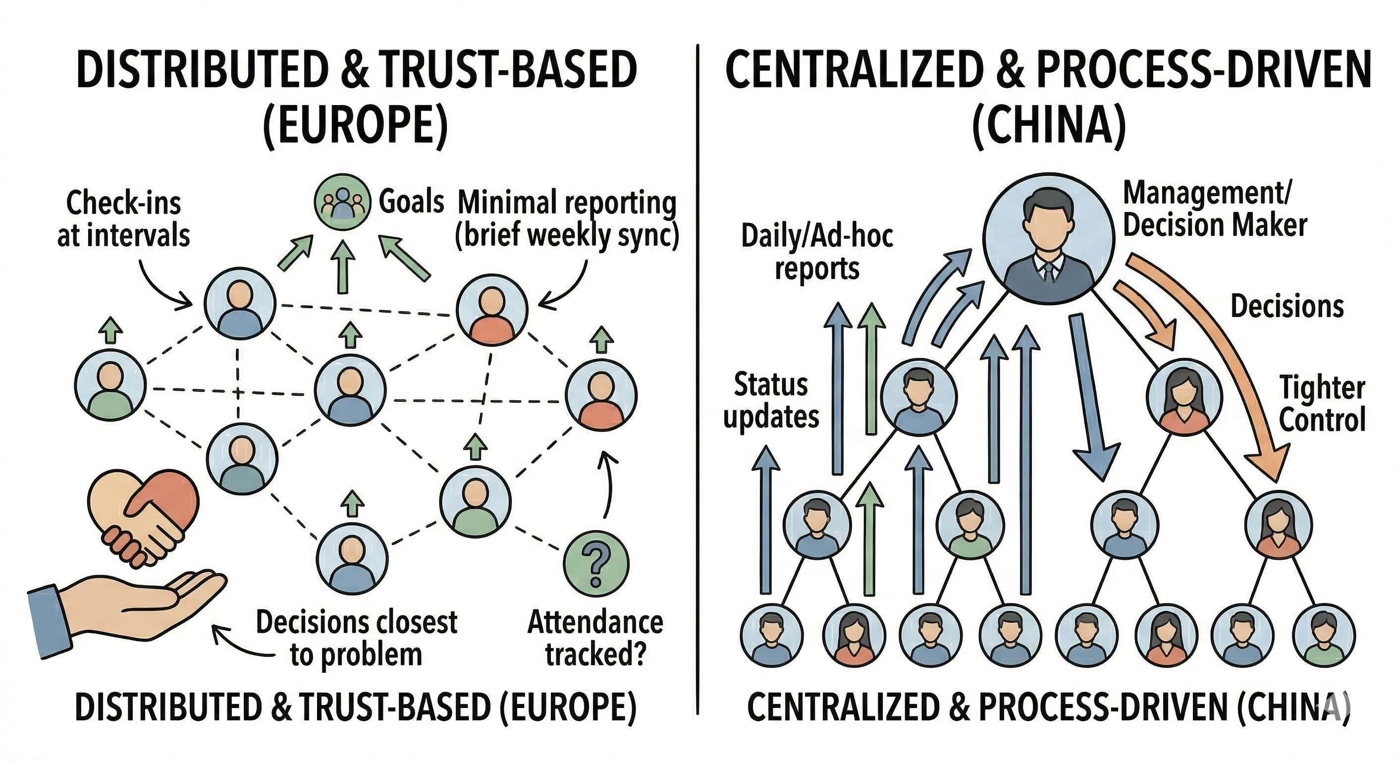 Contrasting organizations: a flat distributed network versus a hierarchical centralized tree.