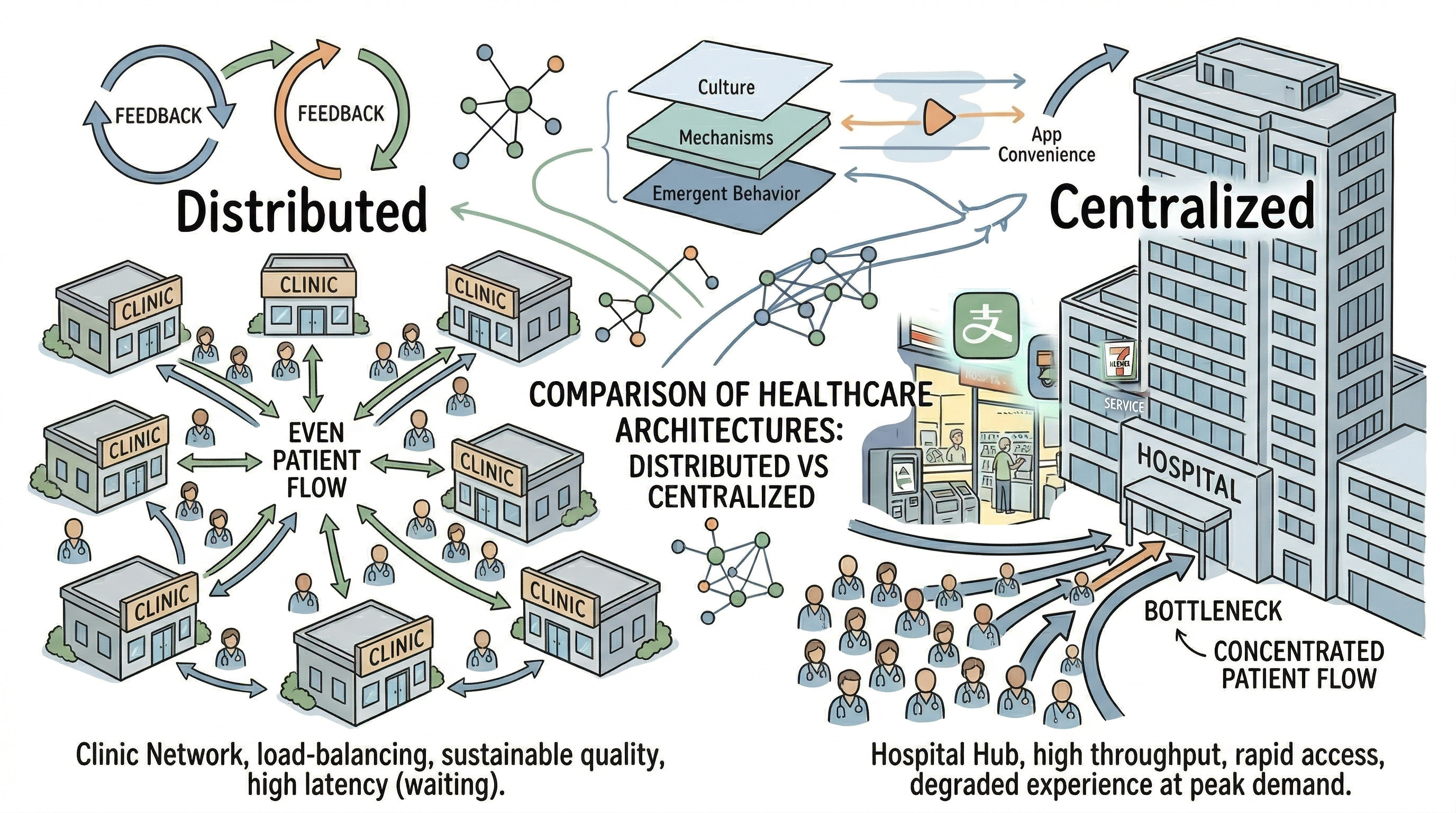 Healthcare architectures: distributed nodes versus a centralized hub, with arrows indicating patient flow patterns.