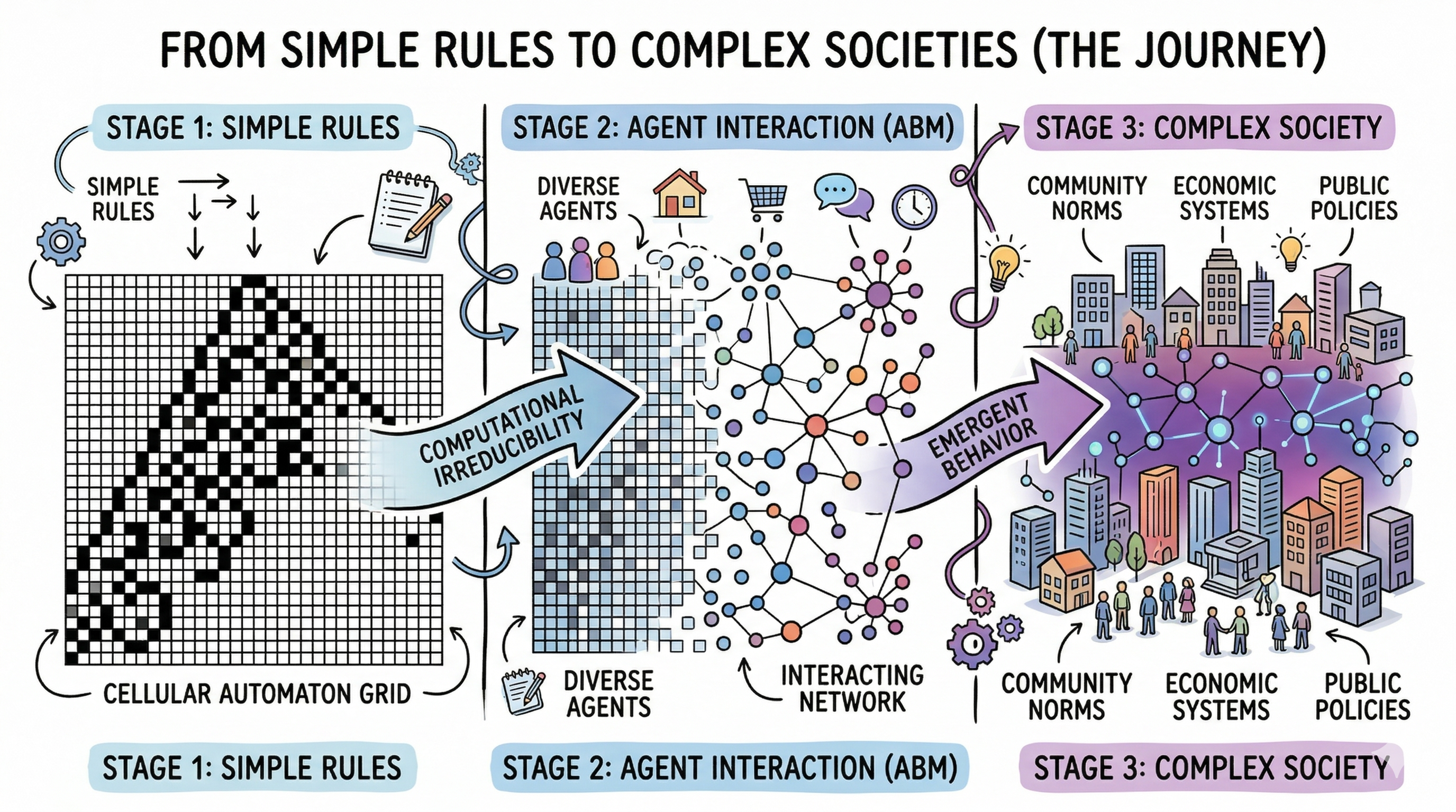 Rule 30–style cellular patterns dissolve into an agent network and a miniature cityscape: computational irreducibility as a bridge from toy rules to social-scale emergence.