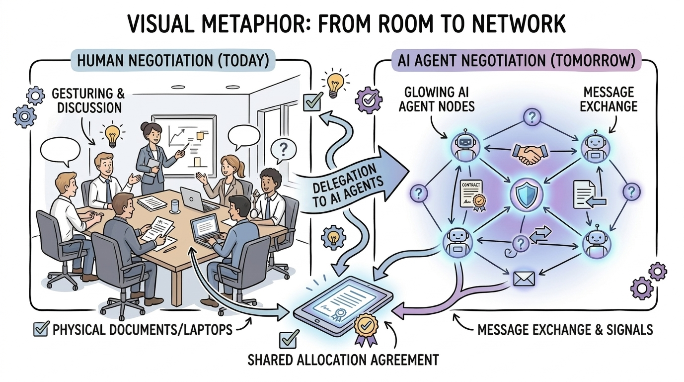 Split scene: a traditional conference-room negotiation transitions into a network of AI agents exchanging messages and converging on a shared draft agreement.