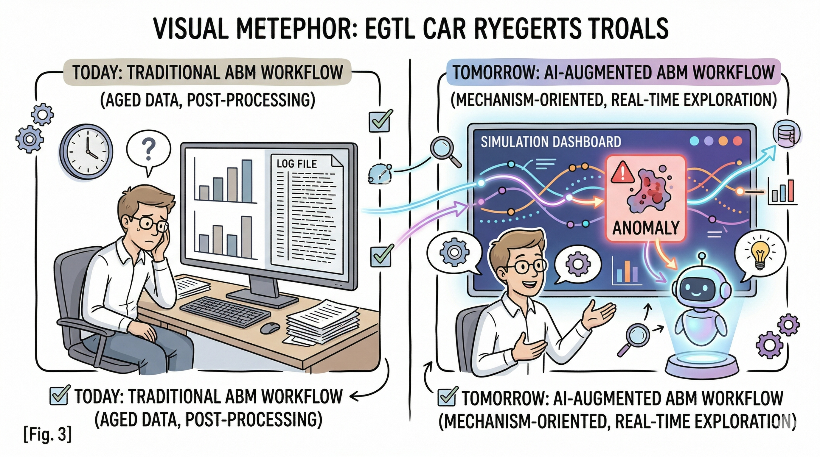Split workflow: overwhelmed researcher with static charts versus copilot-assisted exploration of a live simulation with traceable links from natural-language questions to data and mechanisms.