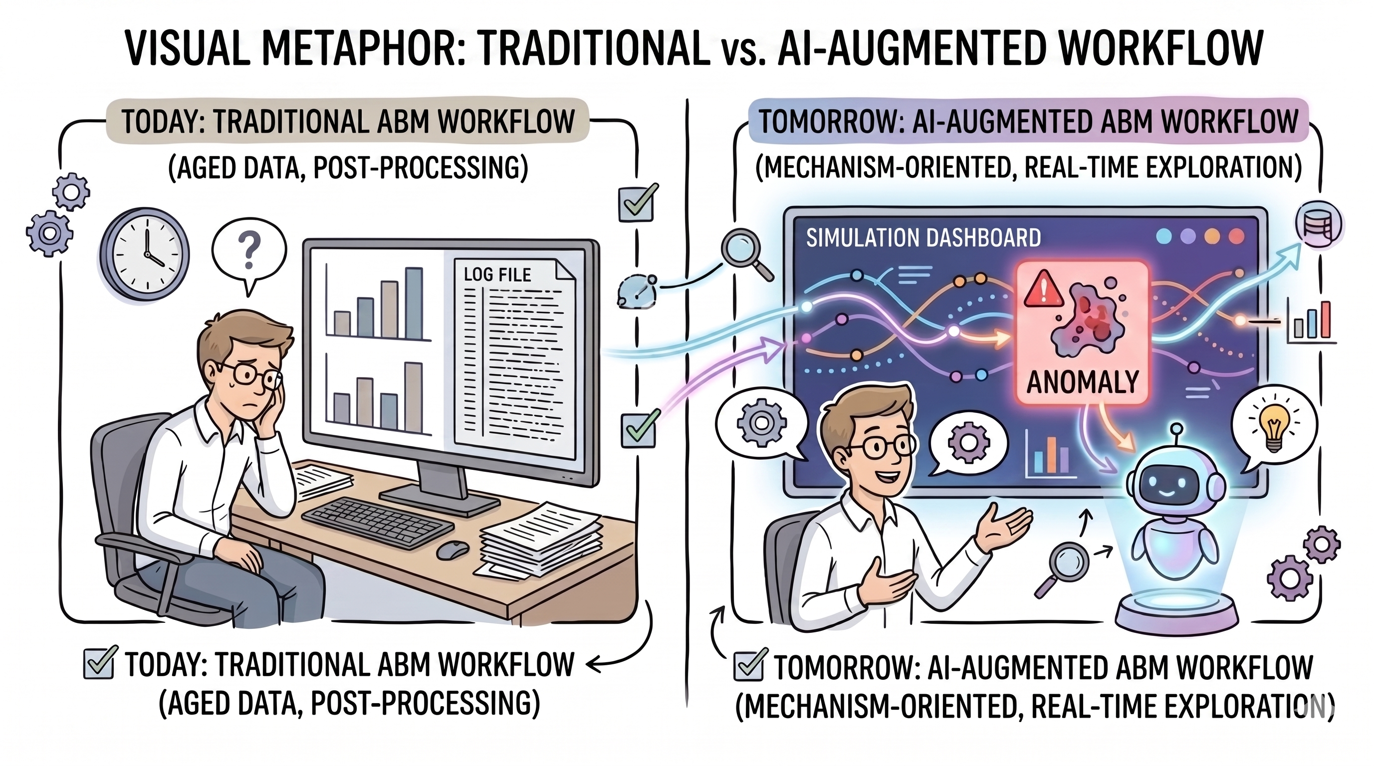 Split workflow: overwhelmed researcher with static charts versus copilot-assisted exploration of a live simulation with traceable links from natural-language questions to data and mechanisms.