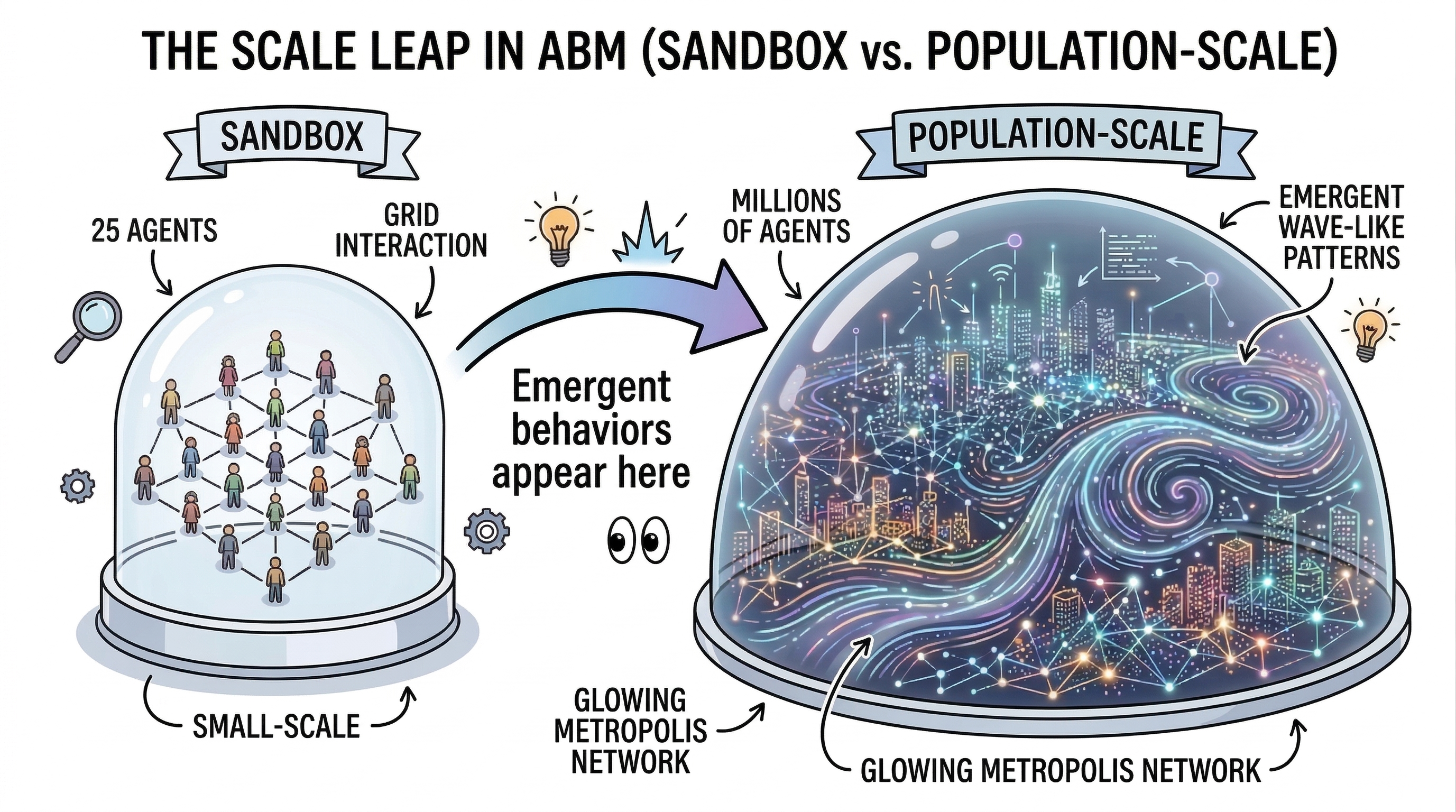 Scale contrast: a small “sandbox” dome of few agents beside a vast population-scale dome with dense interactions and wave-like emergent patterns—fidelity often demands running at real scale.