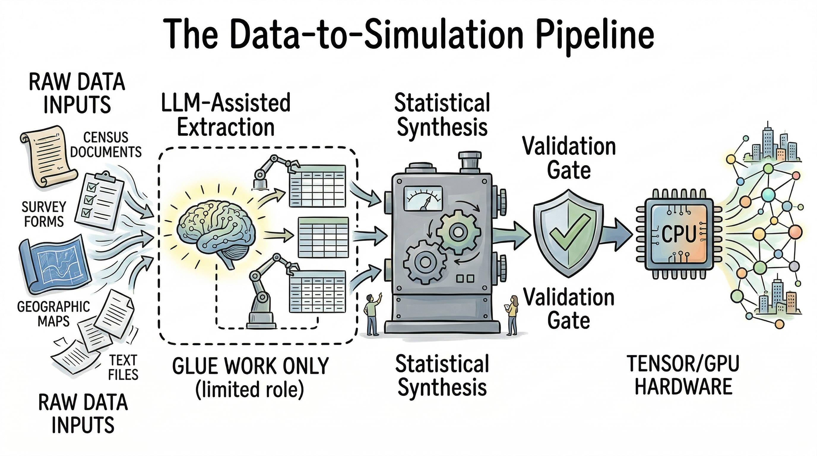 Horizontal pipeline from messy sources through LLM-assisted extraction and statistical synthesis, past a validation gate, into GPU-backed simulation—LLM role bounded, not a substitute for census-grade inputs.