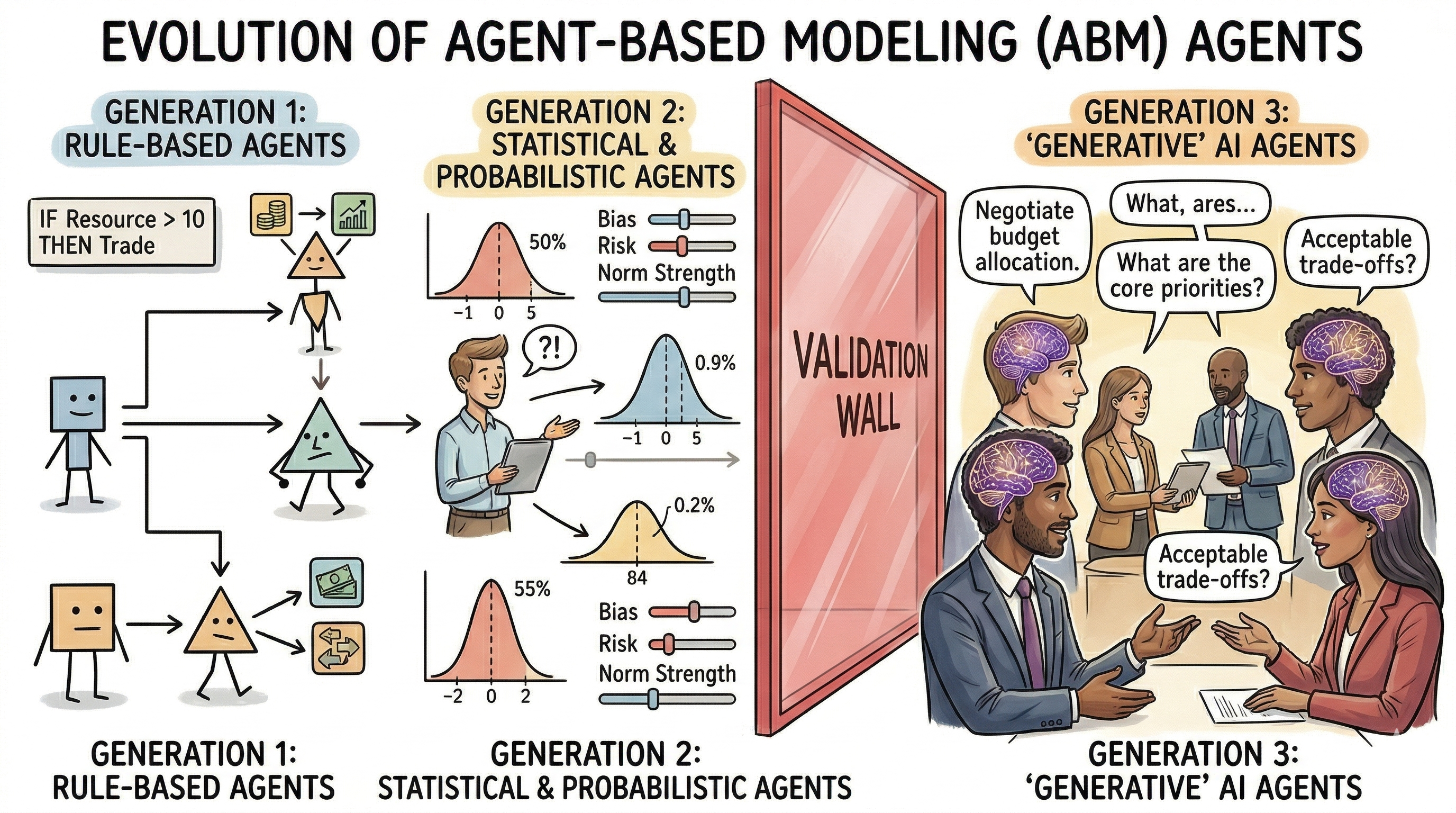 Evolution from rule-based to statistical agents to LLM-powered agents, with a explicit validation wall between classical stochastic agents and generative ones.