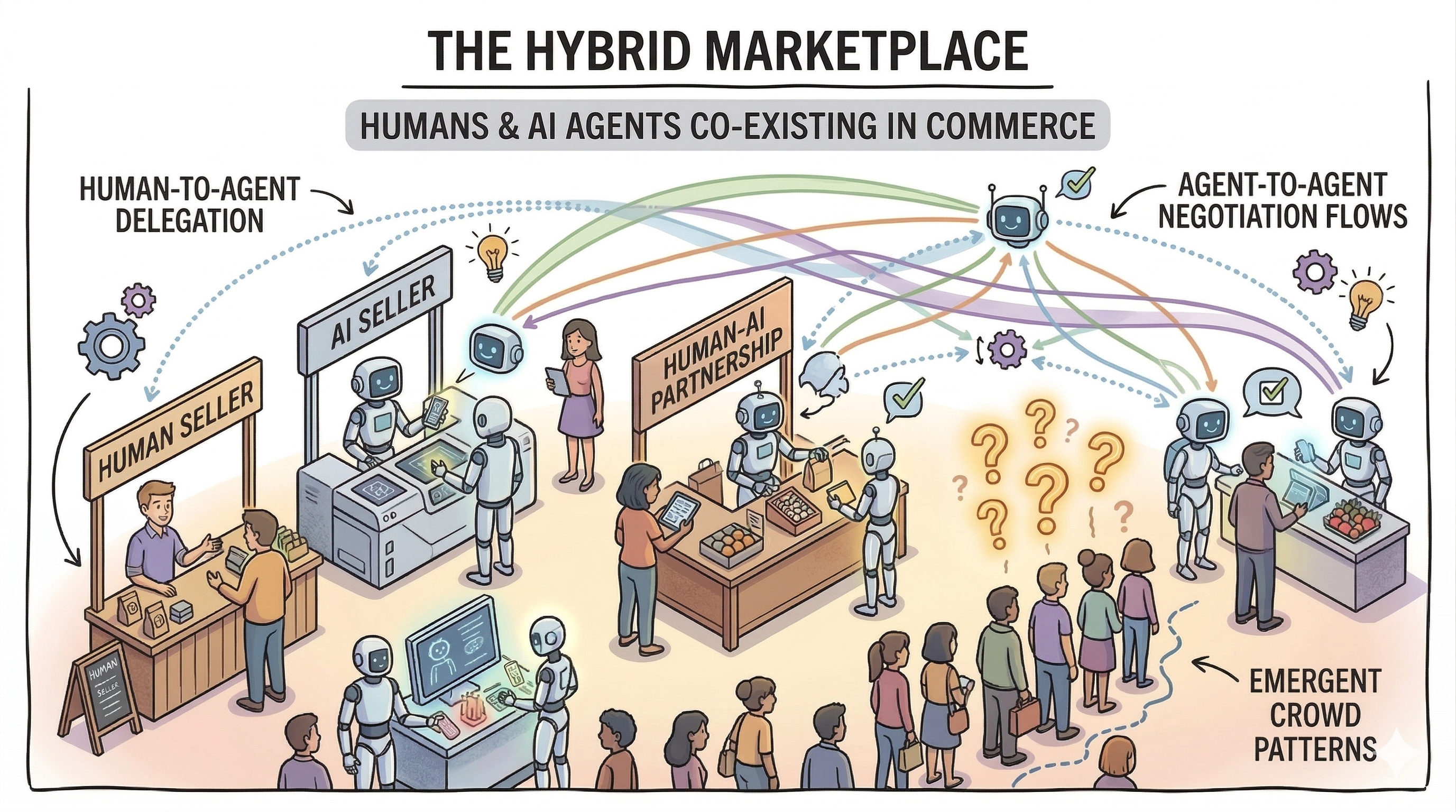 Isometric market with human-staffed, AI-staffed, and joint stalls; overlay of delegation edges and agent negotiation lines, with open questions over emergent crowd patterns.