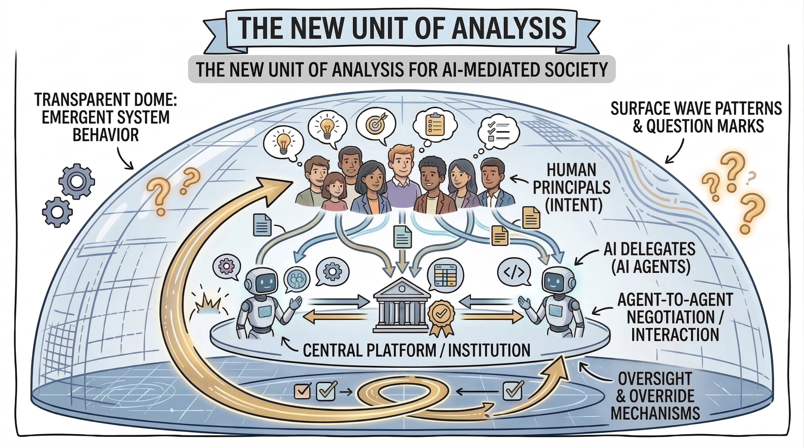 Layered schematic: human intent flows to AI delegates, platform-mediated horizontal interaction, and upward oversight—inside a dome of emergent institutional behavior.