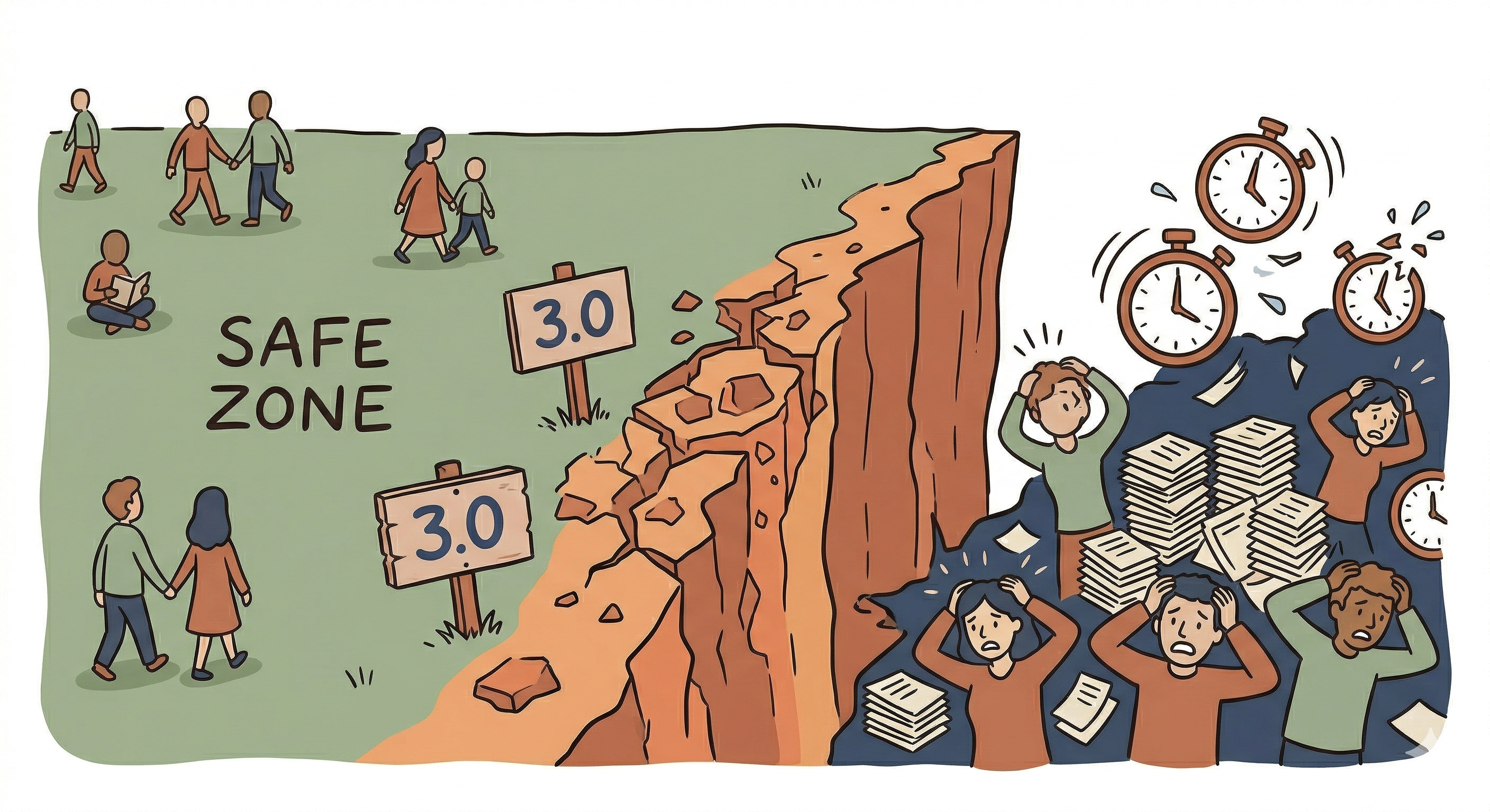 Sketchnote-style landscape showing a narrow transition band between a safe zone and a steep overload cliff around 3.0 tasks per step.