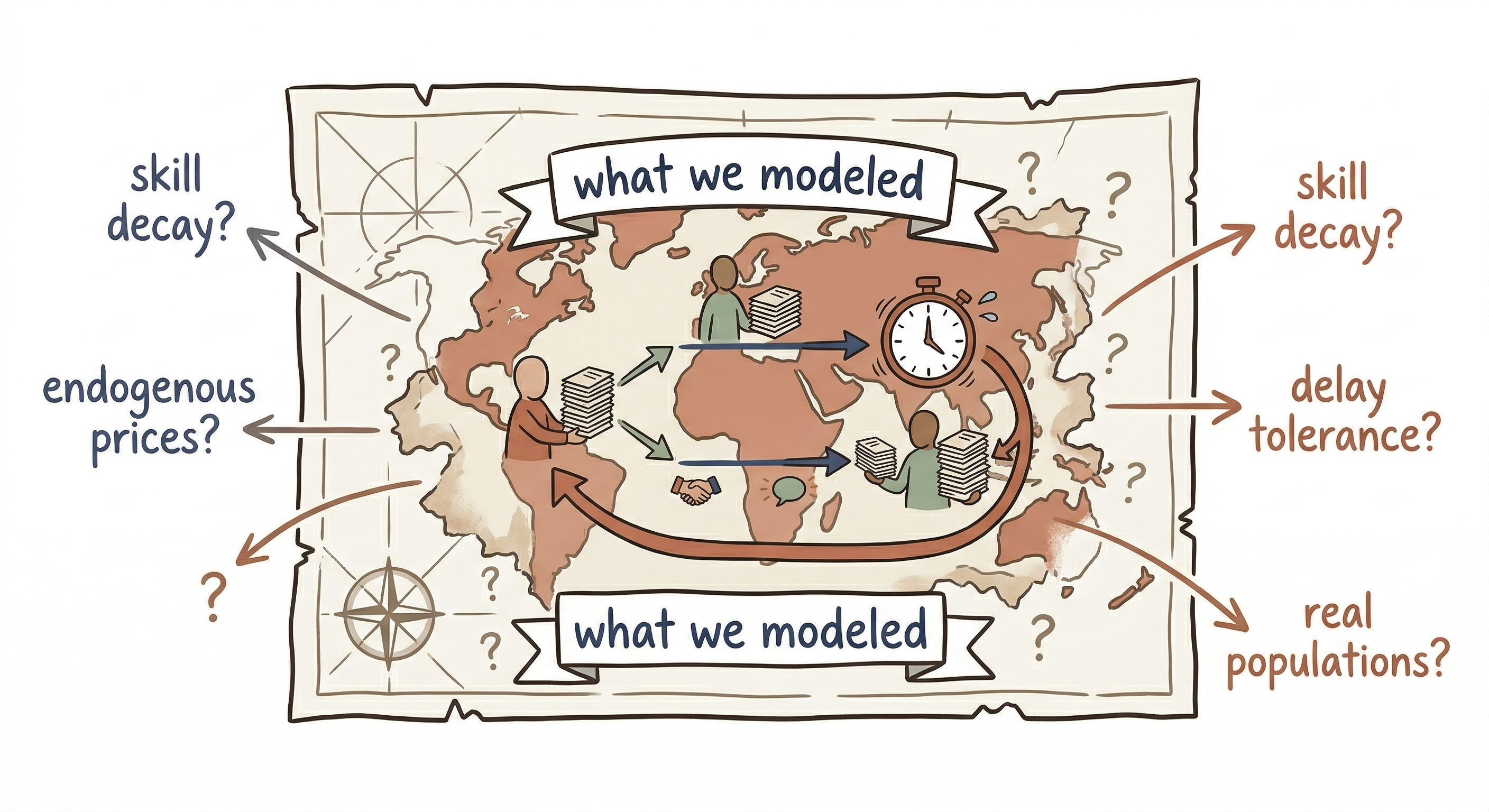 Sketchnote-style map with a detailed modeled center and torn edges labeled with open questions such as skill decay and endogenous prices.