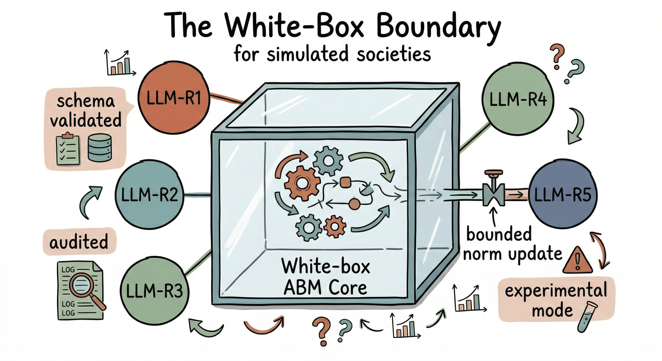 Sketchnote-style white-box boundary diagram showing four LLM roles staying at the model edge while a fifth enters through a small bounded norm-update valve.