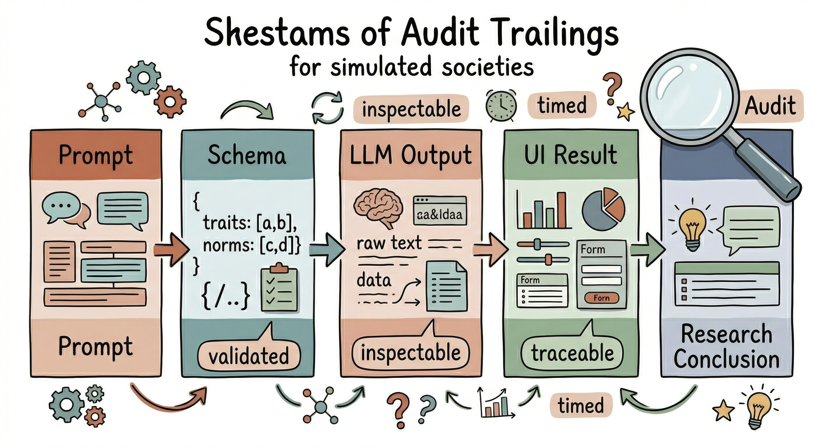 Sketchnote-style audit trail diagram linking prompt, schema, LLM output, UI result, and research conclusion into one provenance chain.