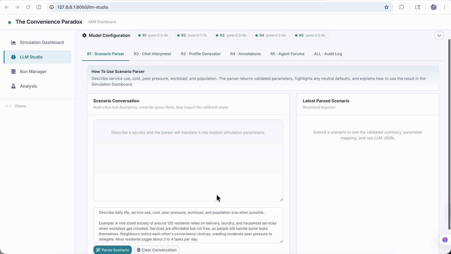 Animated walkthrough of LLM Studio Role 1 converting a free-text social scenario into structured simulation parameters with an explicit review step.