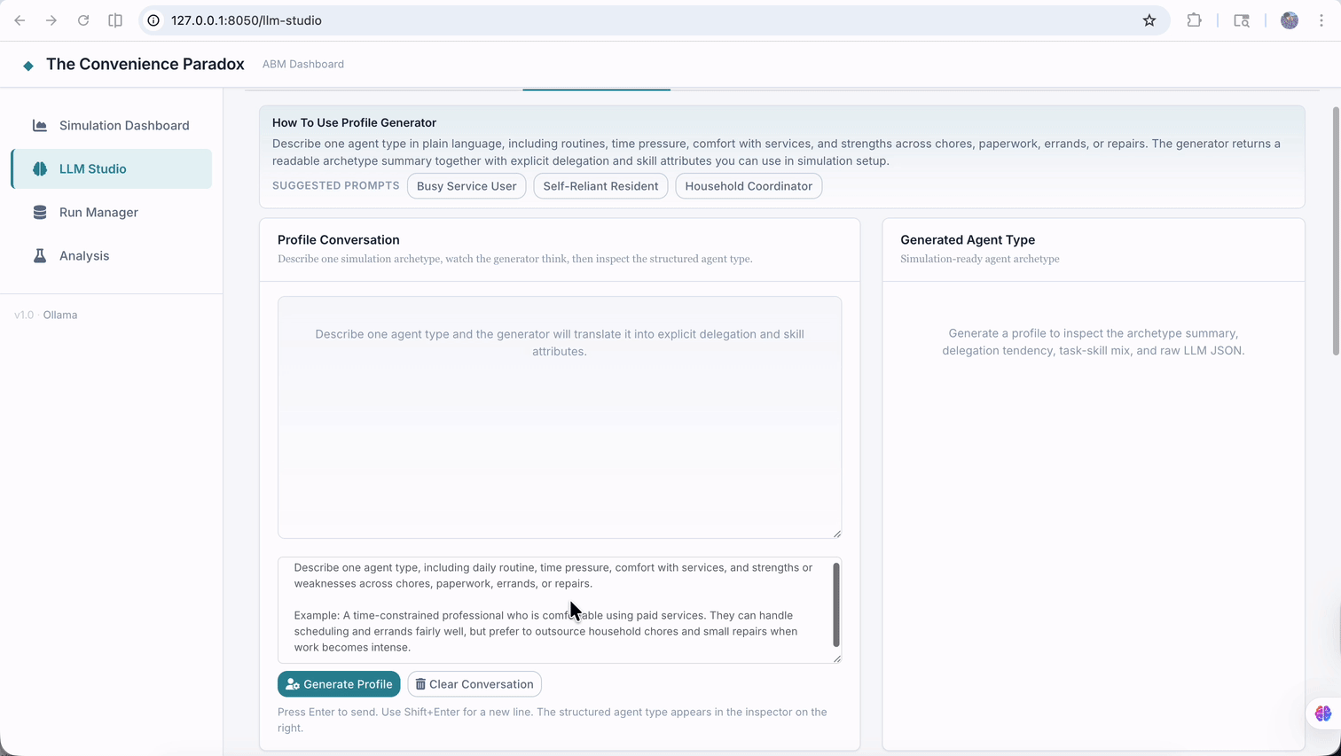 Animated walkthrough of LLM Studio Role 2 converting a textual persona into simulation-ready attributes for agent heterogeneity.