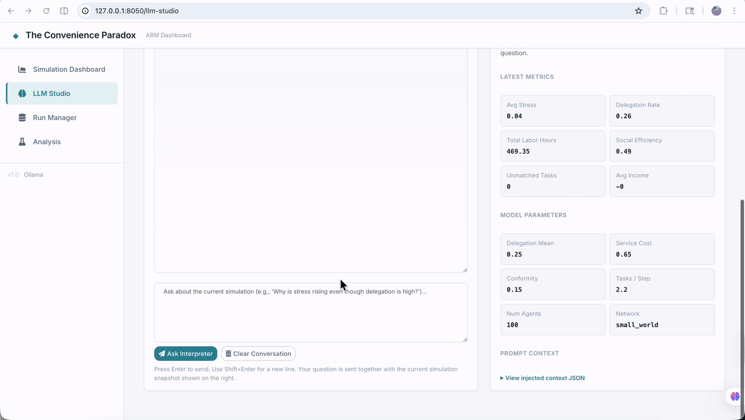 Animated walkthrough of LLM Studio Role 3 interpreting the current simulation snapshot with linked metrics, hypotheses, and caveats.