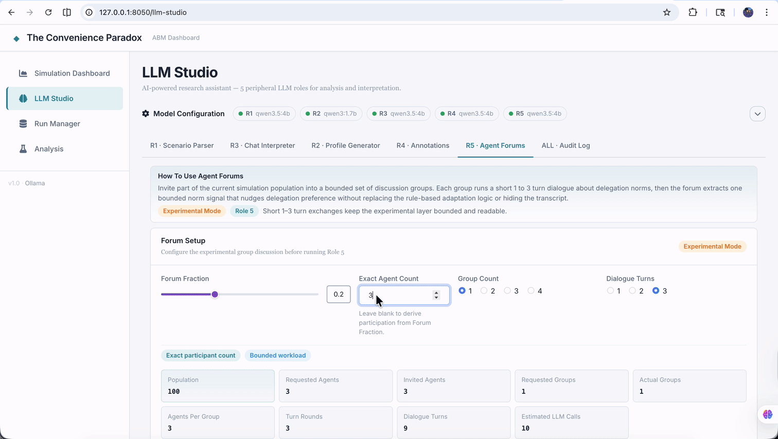 Animated walkthrough of LLM Studio Role 5 running a bounded forum experiment with visible transcripts, extracted norm signals, and capped preference updates.
