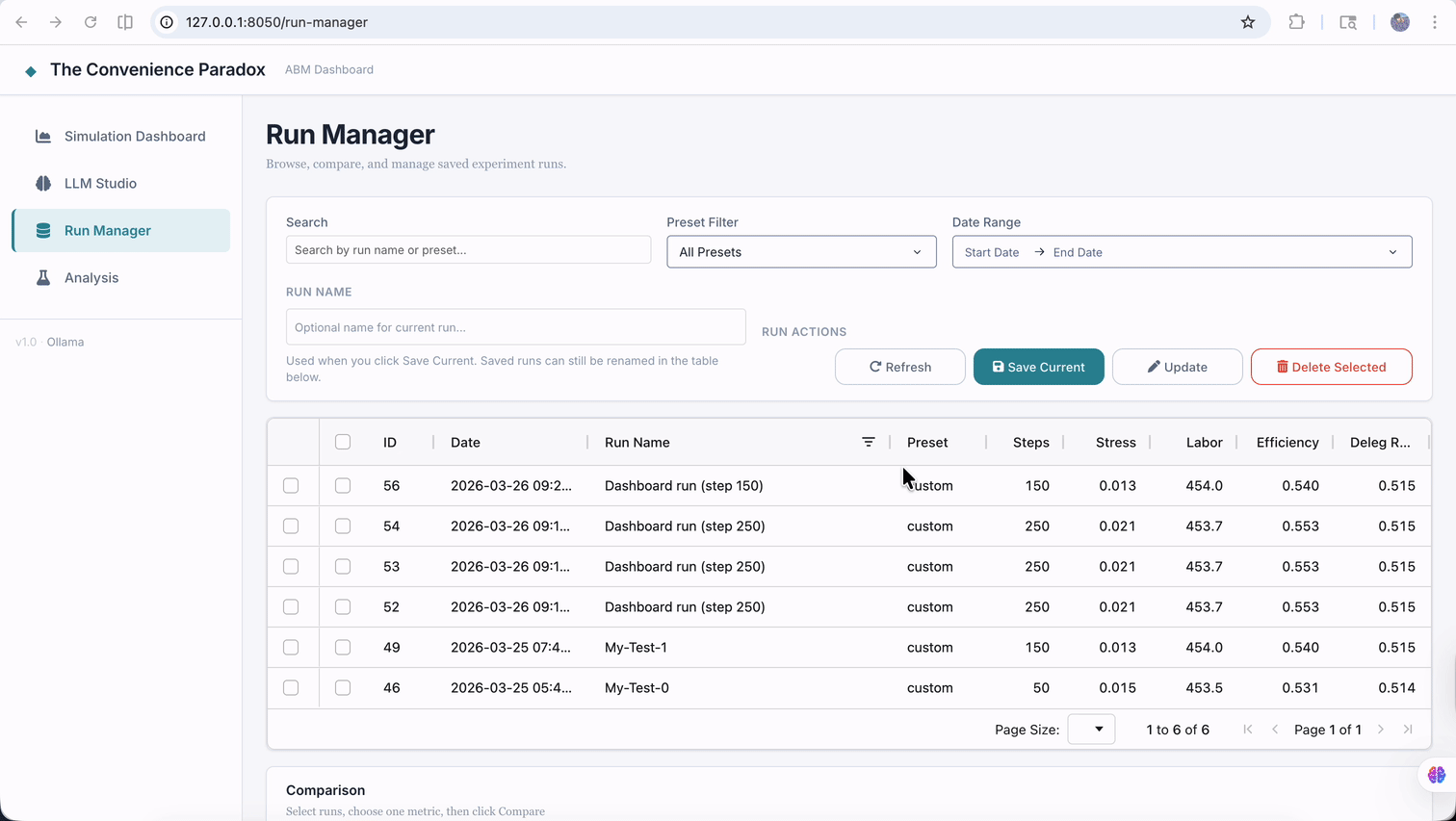 Animated walkthrough of the Run Manager showing saved simulation history, filtering controls, editable labels, and metric comparison overlays.
