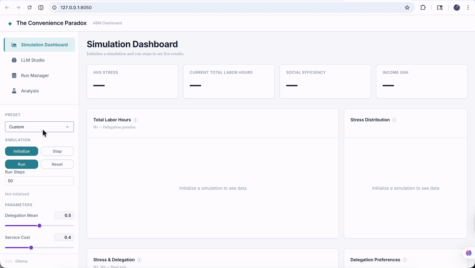 Animated walkthrough of the Simulation Dashboard showing parameter controls, live KPI cards, and multiple synchronized charts updating during a run.